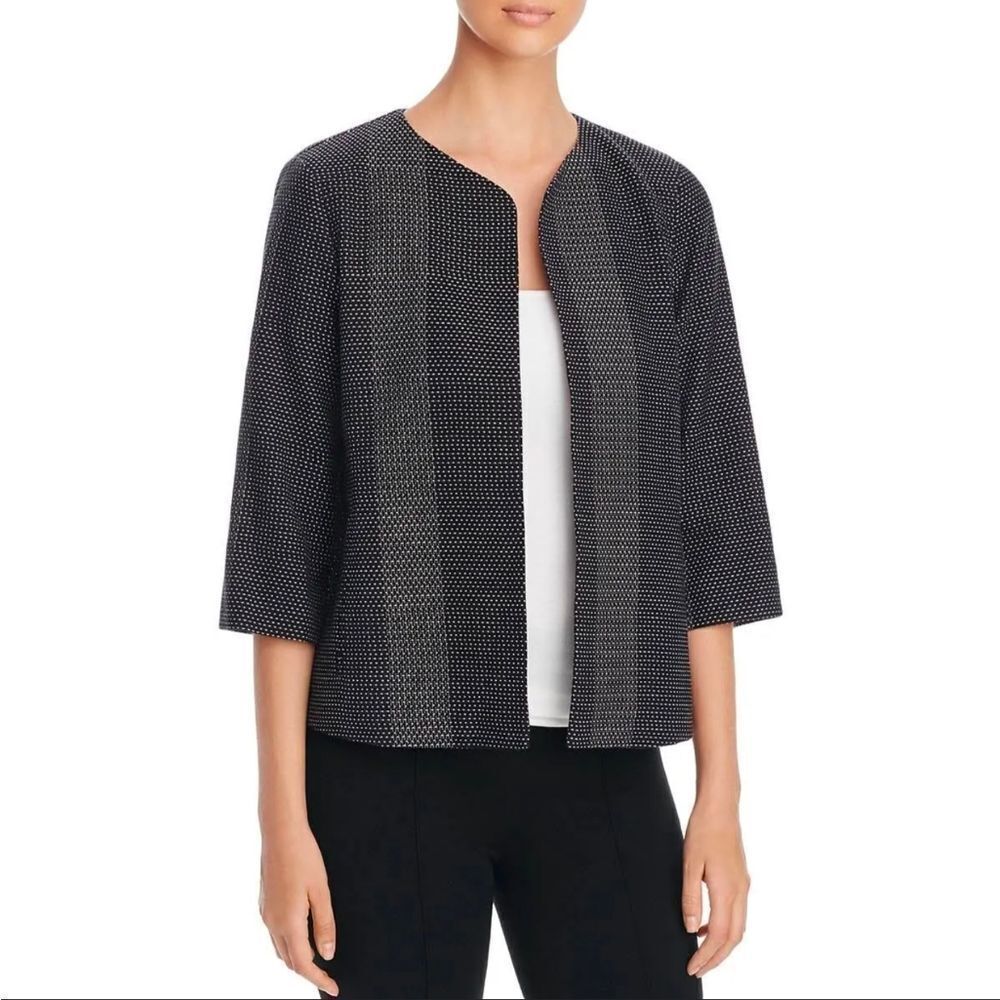 Eileen Fisher Womens S Woven Pattern Round Neck Open-Front Blazer 3/4 Sleeves